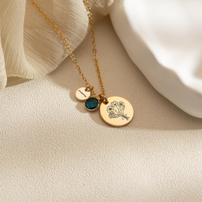 Family Birth Flower Bouquet Necklace, Engraved Birthflower Pendant, Mothers day Gift for Grandma, Birthstone Jewelry, Christmas Gift for Her